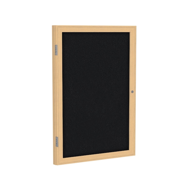 Enclosed Bulletin Board, 1 Door, Fabric, Oak Frame, 2 ft H x 18 in W, Black